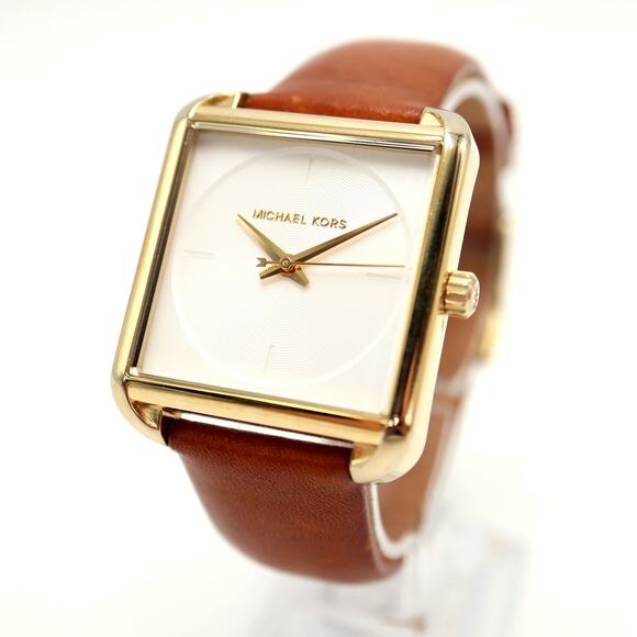 Michael Kors Womens Gold Tone Square 32mm Watch Brown Leather with New Battery - Picture 1 of 14